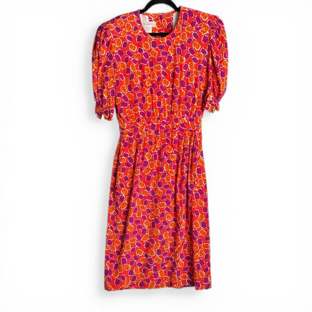 Vintage Escada Colorful Pineapple Print Dress with Puff Sleeves